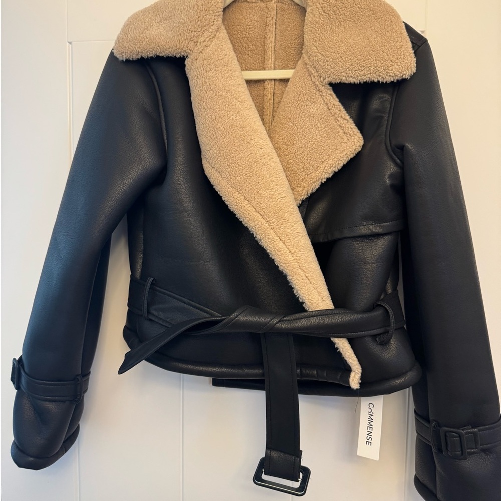 COMMENCE Black Faux Leather Belted Jacket with Tan Shearling